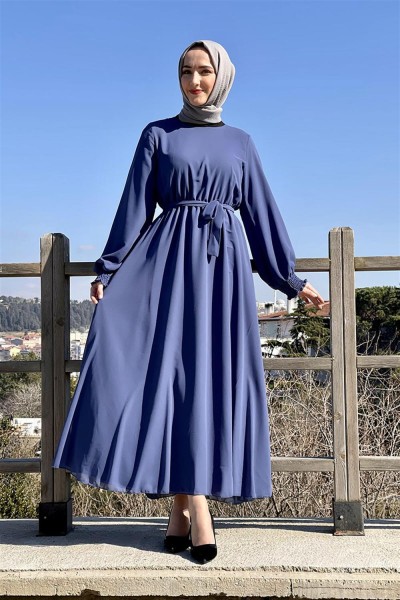 Kemerli Şifon Elbise İNDİGO - Thumbnail