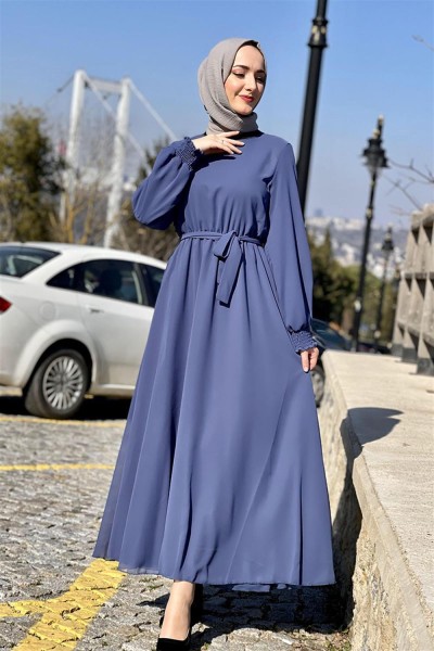 Kemerli Şifon Elbise İNDİGO - Thumbnail