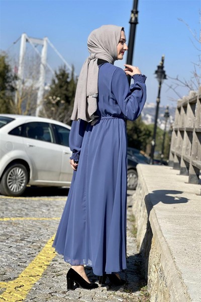 Kemerli Şifon Elbise İNDİGO - Thumbnail