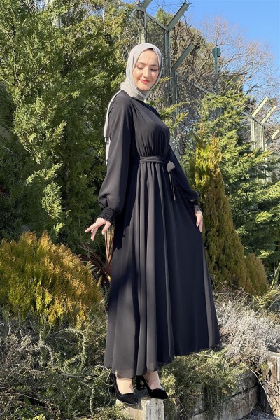 END - Kemerli Şifon Elbise SİYAH