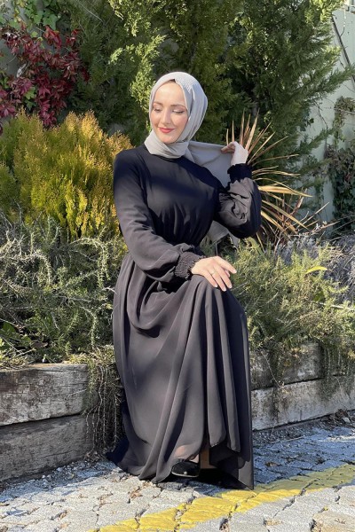 Kemerli Şifon Elbise SİYAH - Thumbnail