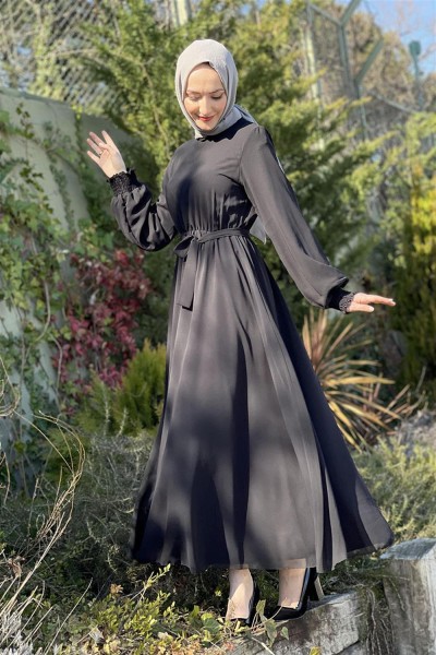 Kemerli Şifon Elbise SİYAH - Thumbnail