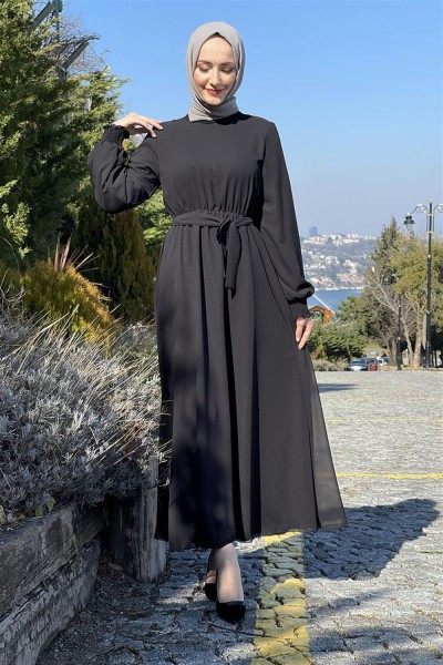 Kemerli Şifon Elbise SİYAH - Thumbnail