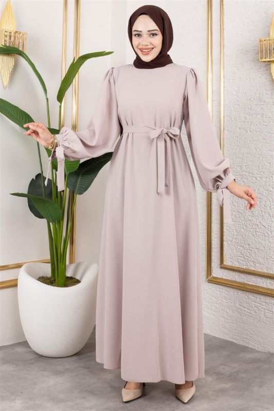 Kolları Bağlamalı Tesettür Elbise BEJ - 1