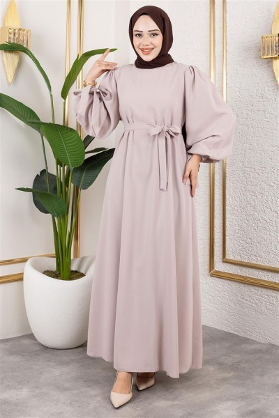 Kolları Bağlamalı Tesettür Elbise BEJ - Thumbnail