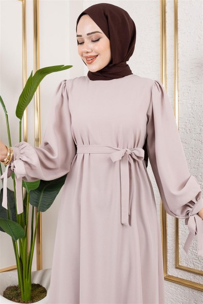 Kolları Bağlamalı Tesettür Elbise BEJ - Thumbnail