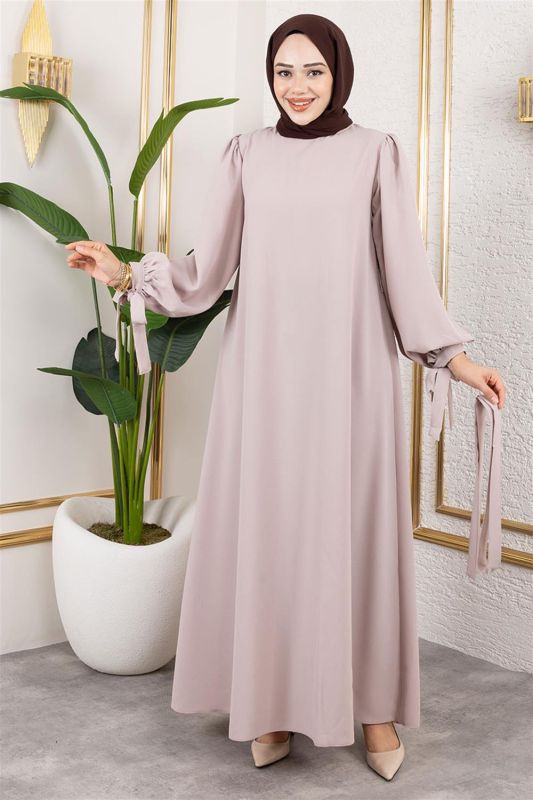 Kolları Bağlamalı Tesettür Elbise BEJ - 4