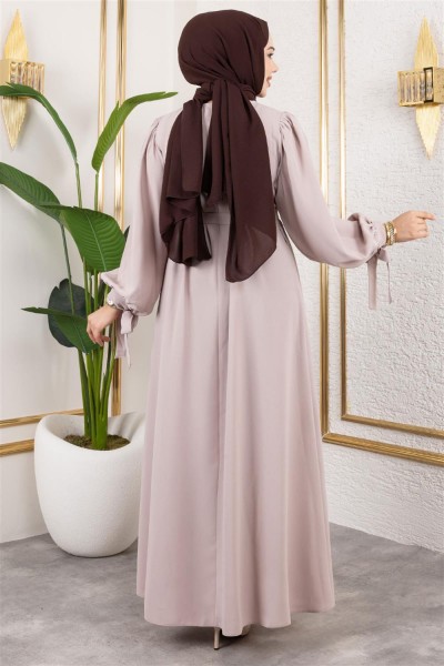 Kolları Bağlamalı Tesettür Elbise BEJ - Thumbnail