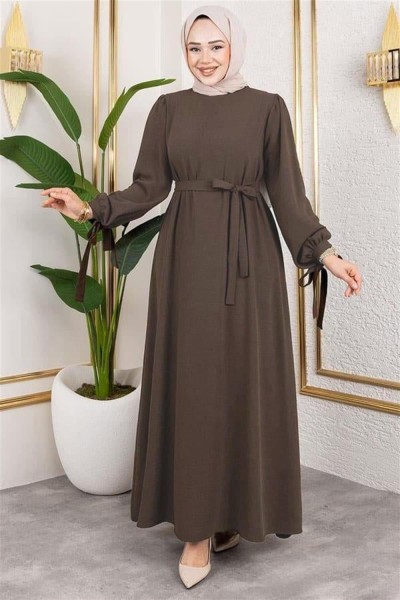 MP - Kolları Bağlamalı Tesettür Elbise KOYU VİZON