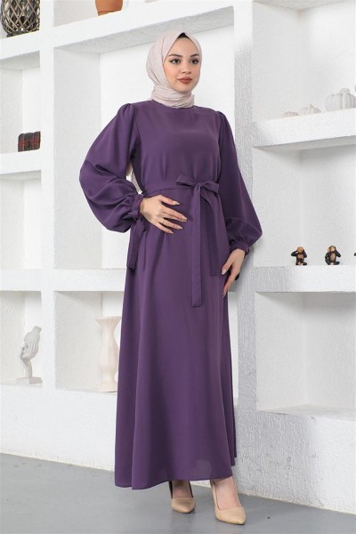Kolları Bağlamalı Tesettür Elbise MOR - Thumbnail