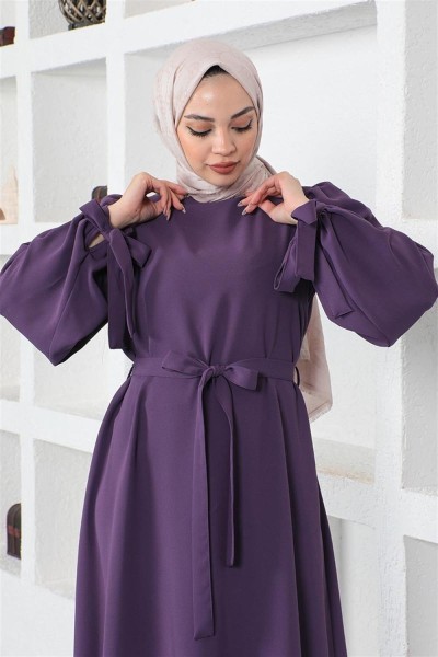 Kolları Bağlamalı Tesettür Elbise MOR - Thumbnail