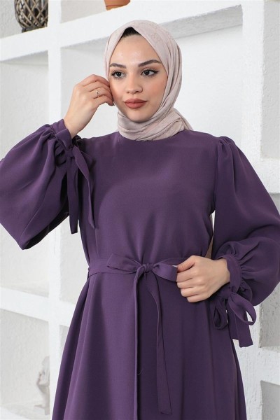 Kolları Bağlamalı Tesettür Elbise MOR - Thumbnail