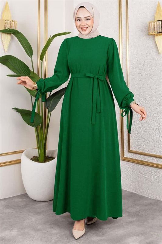 Kolları Bağlamalı Tesettür Elbise YEŞİL - 1