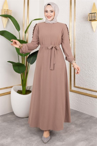 TGM - Kolları Fırfır Detaylı Elbise KOYU VİZON