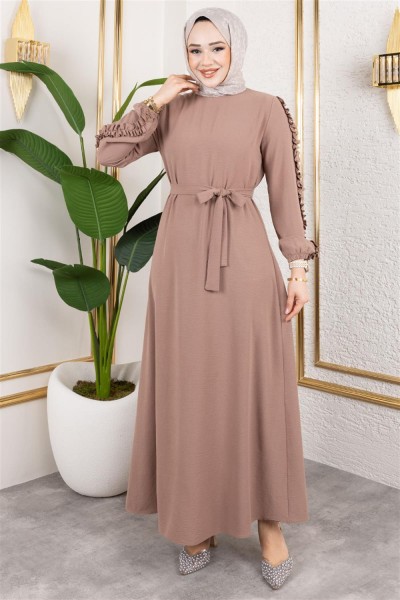 Kolları Fırfır Detaylı Elbise KOYU VİZON - Thumbnail