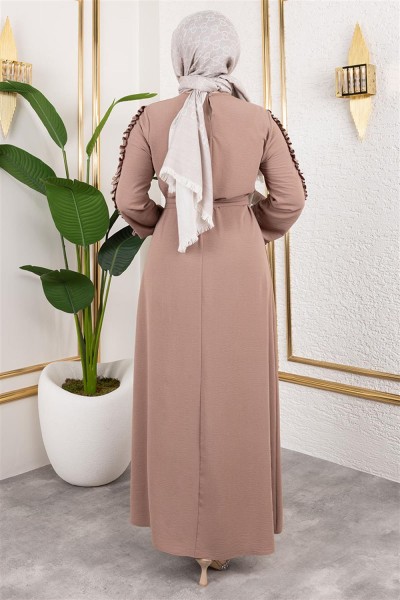 Kolları Fırfır Detaylı Elbise KOYU VİZON - Thumbnail