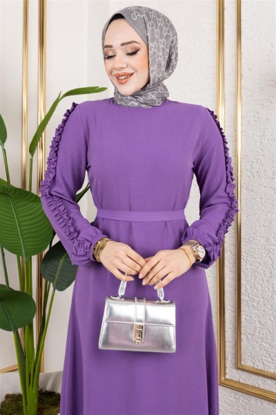 TGM - Kolları Fırfır Detaylı Elbise LİLA