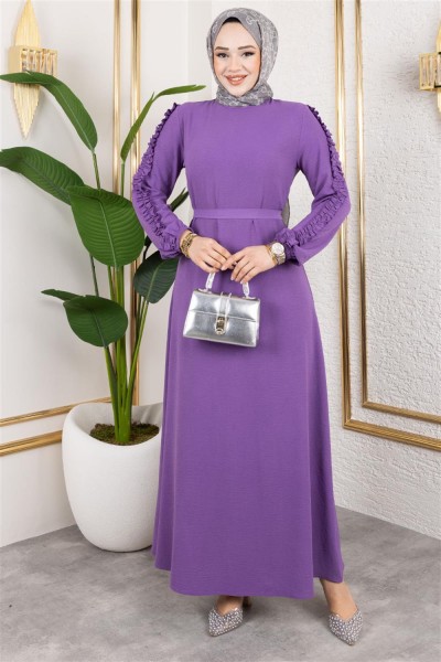 Kolları Fırfır Detaylı Elbise LİLA - Thumbnail