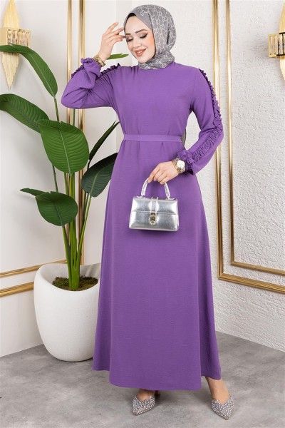 Kolları Fırfır Detaylı Elbise LİLA - Thumbnail