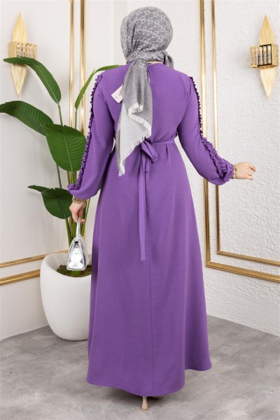 Kolları Fırfır Detaylı Elbise LİLA - Thumbnail