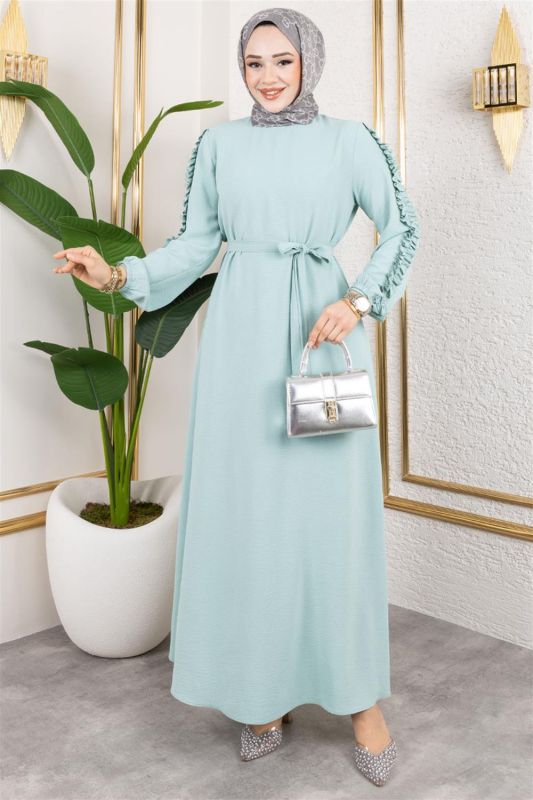 Kolları Fırfır Detaylı Elbise MİNT - 1