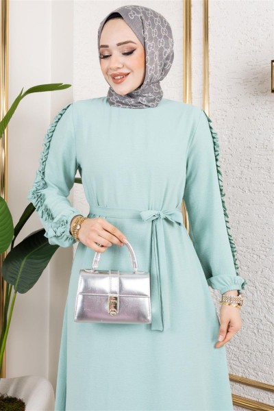 Kolları Fırfır Detaylı Elbise MİNT - Thumbnail