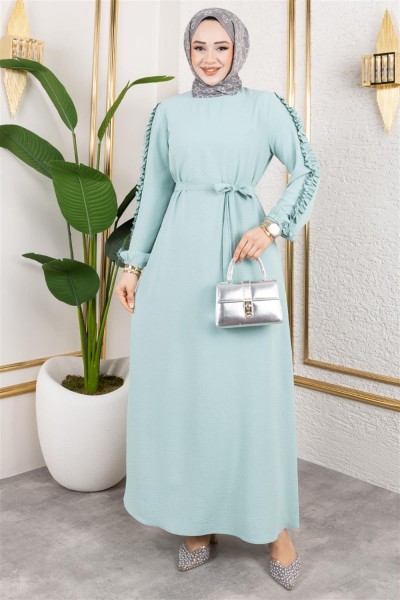 Kolları Fırfır Detaylı Elbise MİNT - Thumbnail