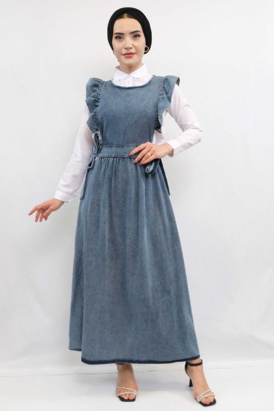 Moda Çizgi Fırfırlı Salopet Kot Elbise Koyu Mavi - 3