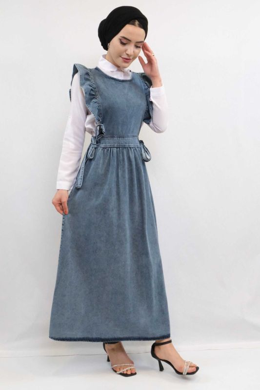 Moda Çizgi Fırfırlı Salopet Kot Elbise Koyu Mavi - 4