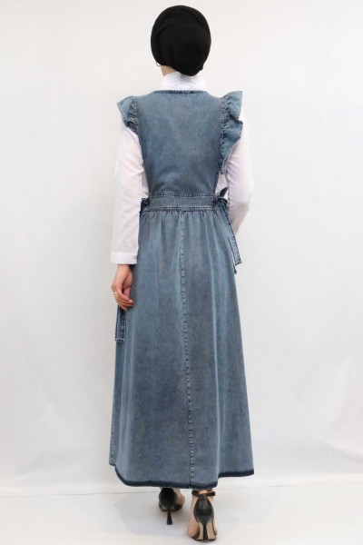 Moda Çizgi Fırfırlı Salopet Kot Elbise Koyu Mavi - Thumbnail