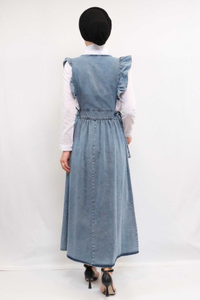 Moda Çizgi Fırfırlı Salopet Kot Elbise Mavi - Thumbnail
