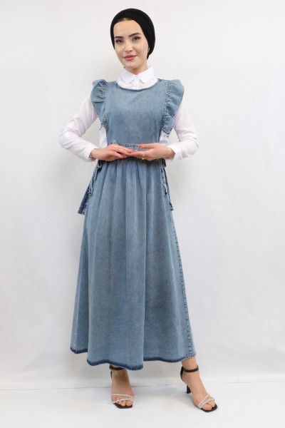 Moda Çizgi Fırfırlı Salopet Kot Elbise Mavi - Thumbnail