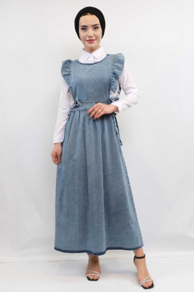 Moda Çizgi - Moda Çizgi Fırfırlı Salopet Kot Elbise Mavi