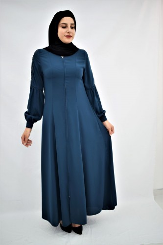 Abaya with Embroidered Sleeves 2197 Oil - Thumbnail