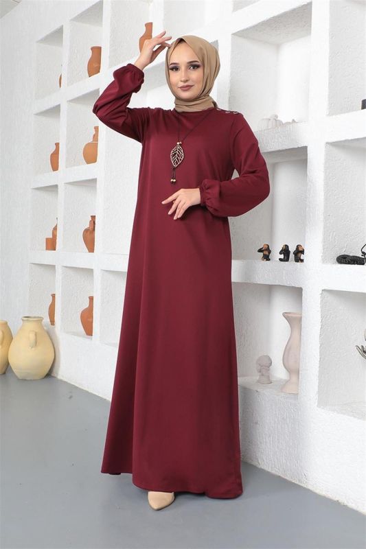 Kolyeli Bisiklet Yaka Tesettür Elbise BORDO - 1