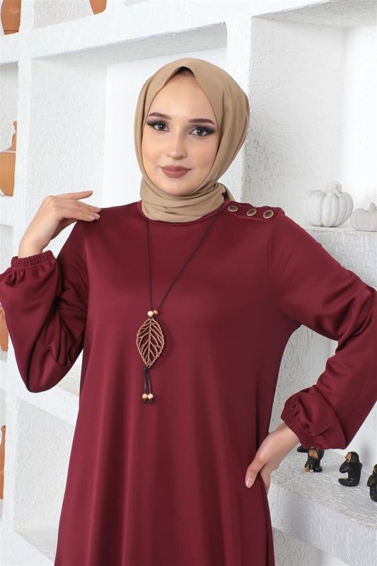 Kolyeli Bisiklet Yaka Tesettür Elbise BORDO - 2