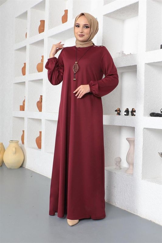 Kolyeli Bisiklet Yaka Tesettür Elbise BORDO - 3