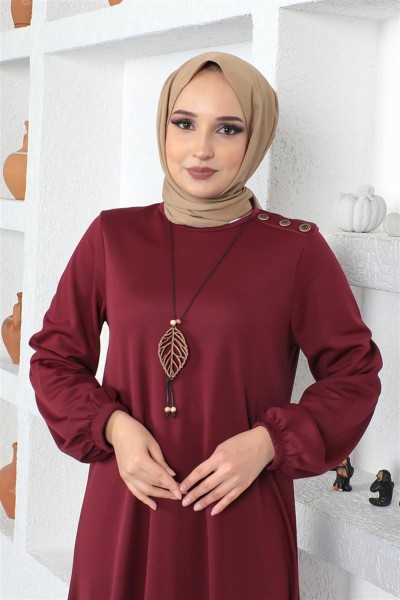 Kolyeli Bisiklet Yaka Tesettür Elbise BORDO - Thumbnail
