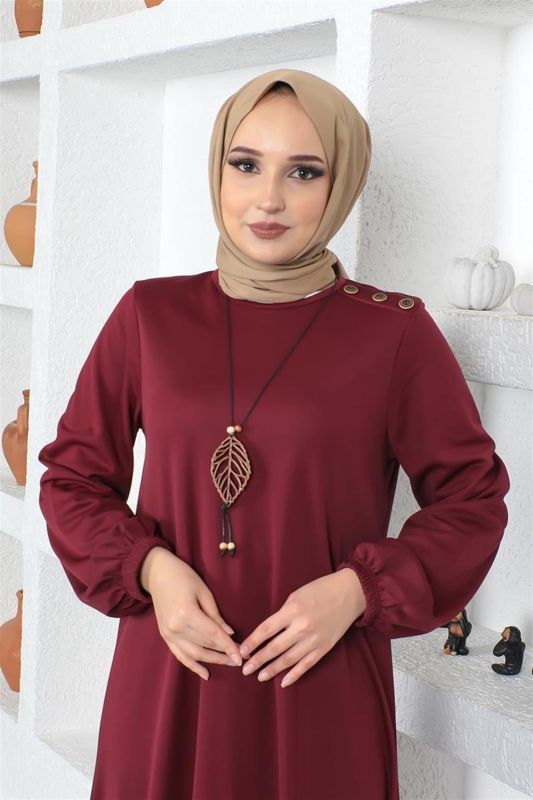 Kolyeli Bisiklet Yaka Tesettür Elbise BORDO - 4