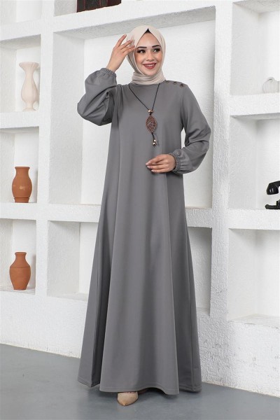 Kolyeli Bisiklet Yaka Tesettür Elbise GRİ - Thumbnail