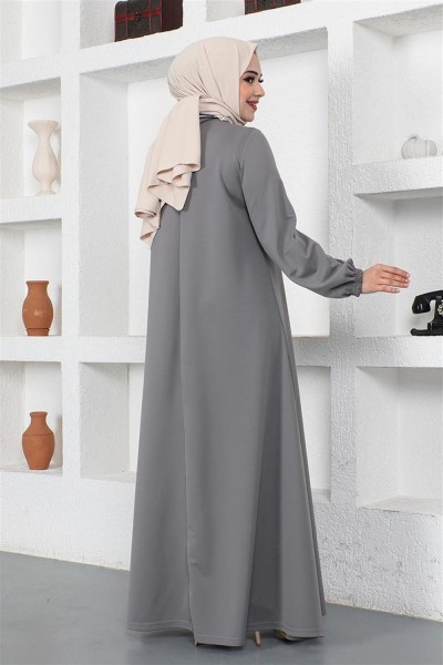 Kolyeli Bisiklet Yaka Tesettür Elbise GRİ - Thumbnail