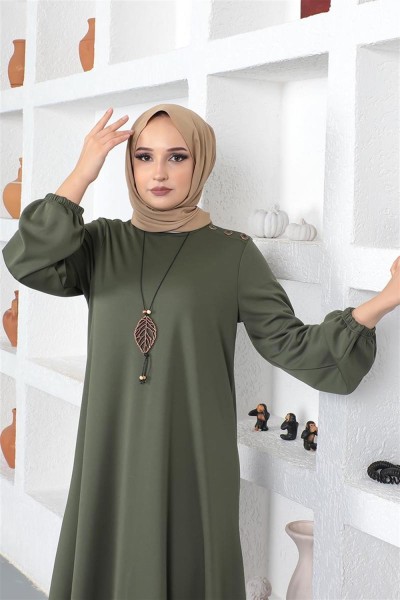 Kolyeli Bisiklet Yaka Tesettür Elbise HAKİ - Thumbnail