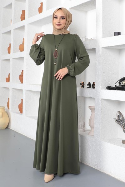 Kolyeli Bisiklet Yaka Tesettür Elbise HAKİ - Thumbnail