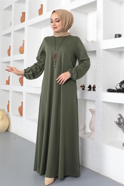 Kolyeli Bisiklet Yaka Tesettür Elbise HAKİ - Thumbnail