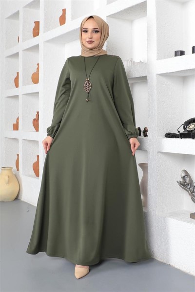 Kolyeli Bisiklet Yaka Tesettür Elbise HAKİ - Thumbnail