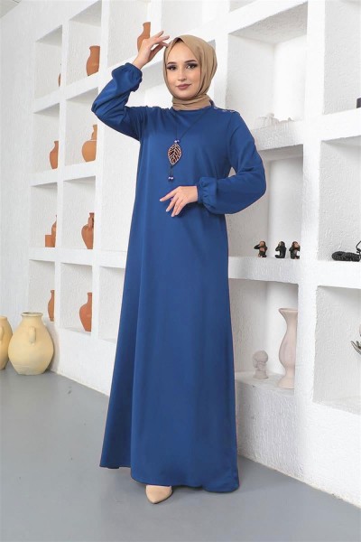 Kolyeli Bisiklet Yaka Tesettür Elbise İNDİGO - Thumbnail