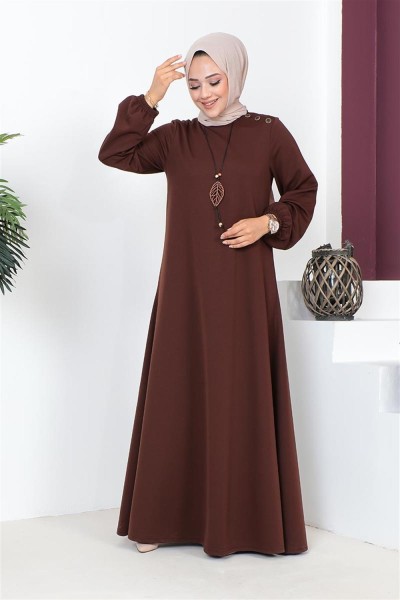 Kolyeli Bisiklet Yaka Tesettür Elbise KAHVERENGİ - Thumbnail