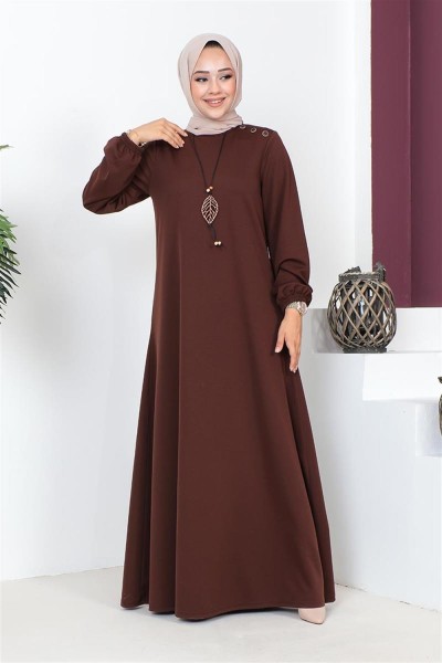 Kolyeli Bisiklet Yaka Tesettür Elbise KAHVERENGİ - Thumbnail