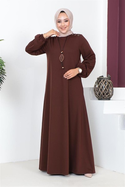Kolyeli Bisiklet Yaka Tesettür Elbise KAHVERENGİ - Thumbnail