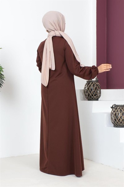 Kolyeli Bisiklet Yaka Tesettür Elbise KAHVERENGİ - Thumbnail